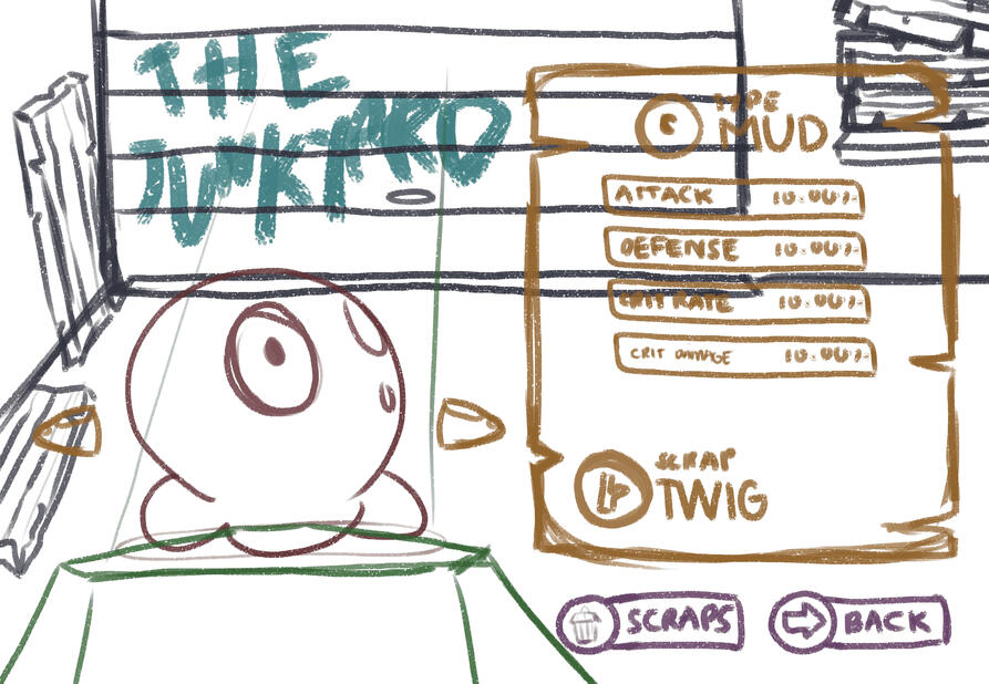 Dysglopia | The Junkyard--an idea that was made and titled for when previewing Gloops, their items and stats; the idea was inspired by junkyard and garage looks, wanting to implement the idea of clutter and junk into the design; made with Clip Studio Paint