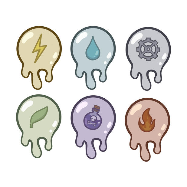 Dysglopia | the conceptual final output proposed for Dysglopia's gloop elemental icons; the elements beings Bolt, Hydro, Allow, Flora, Toxin, and Pyro respectively; made with Clip Studio Paint Ex