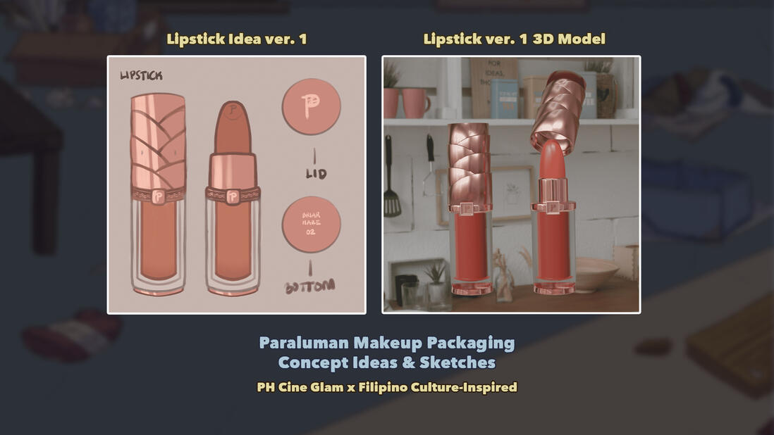 Paraluman Skin | the initial and 3D concept idea for the lipstick packaging for Paraluman Skin, with inspiration taken from of a mix of traditional Filipino cultural designs and modernity; made with Procreate &amp; Blender