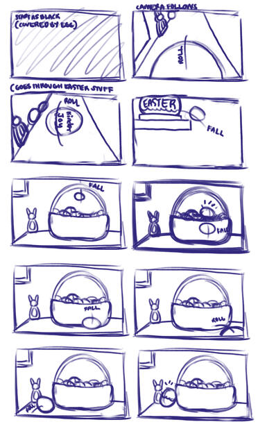 Kinder Surprise | the storyboard and sketch idea for a 3D animation project for school; the egg was meant to roll down shelves of Easter-related items, until it eventually drops atop a bundle of Easter eggs in a basket; made with Procreate