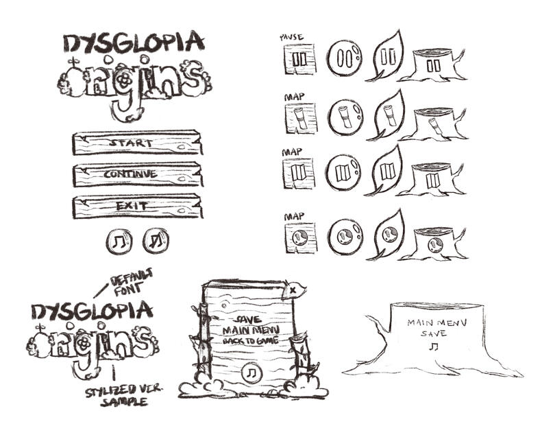 Dysglopia Origins | UI and Title look ideas sketched for my group capstone project, Dysglopia Origins; these were all made with the theme of floral and nature inspirations to suit the main character in the interactive animation, Flora Gloop; made with Proc