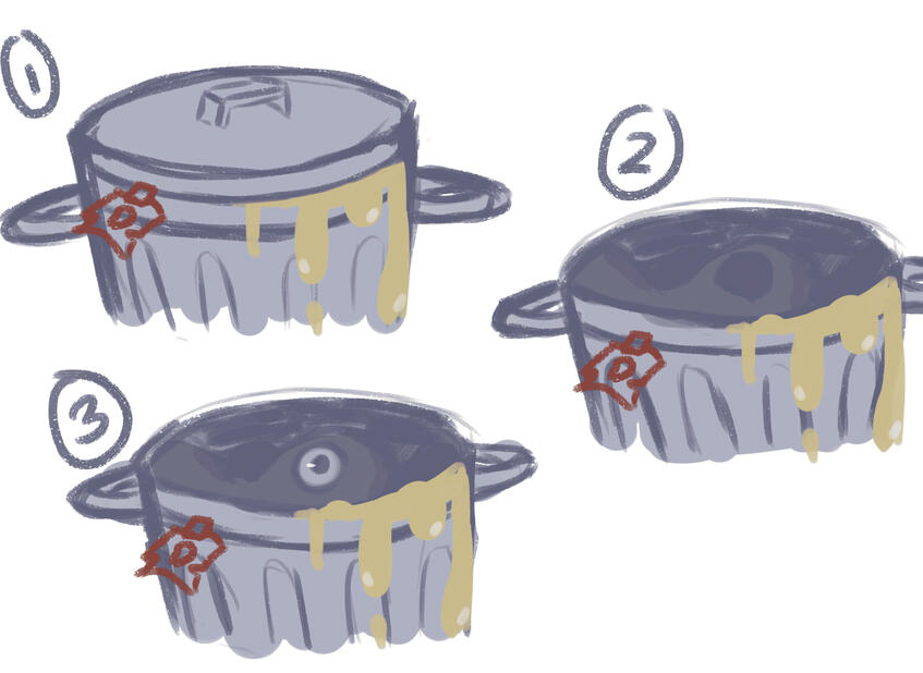 Dyglopia | an initial sketch for the gacha system; the idea was of a gloop being found in a trash can (the color of the oozing goo a sign of its value), then when opened, a gloop's eye opening is shown before the reveal; made with Clip Studio Paint