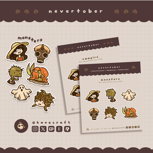 kavecraft | worked on the layout and design for the Nevertober sticker release pubmat and preview for kavecraft; the design was made with a doodley, cute, and warm aesthetic to suit the shared idea of an adorable and cozy vibe four our shop theme; made wit