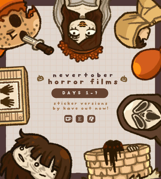 kavecraft | worked on the layout and design for the Nevertober sticker release pubmat for kavecraft; the design is simple and cozy, mainly showcasing the sticker products while still presenting the announcement; made with Figma