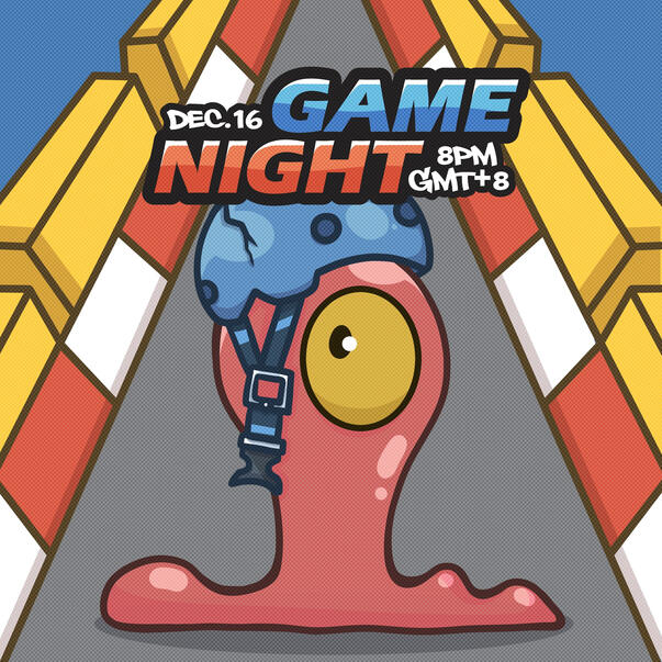 Dysglopia | a pubmat I collaborated on and illustrated for Dysglopia's social media, announcing an upcoming Discord Game Night event; made with Clip Studio Paint