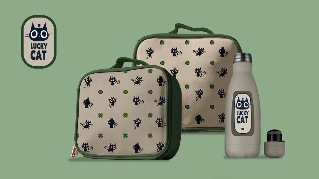 Packaging Design Concept | a lunch bag packaging design idea made with my own custom illustrations based on a character I created called Lucky Cat; made with Adobe Illustrator and Adobe Photoshop