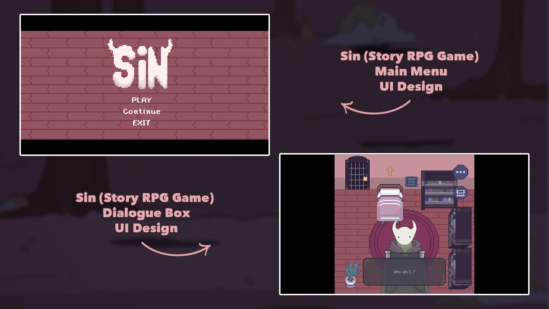 Sin | designed the main menu and dialogue UI for Sin, a story-based game that I co-created for school; made with Asperite, Adobe Photoshop, &amp; Unity