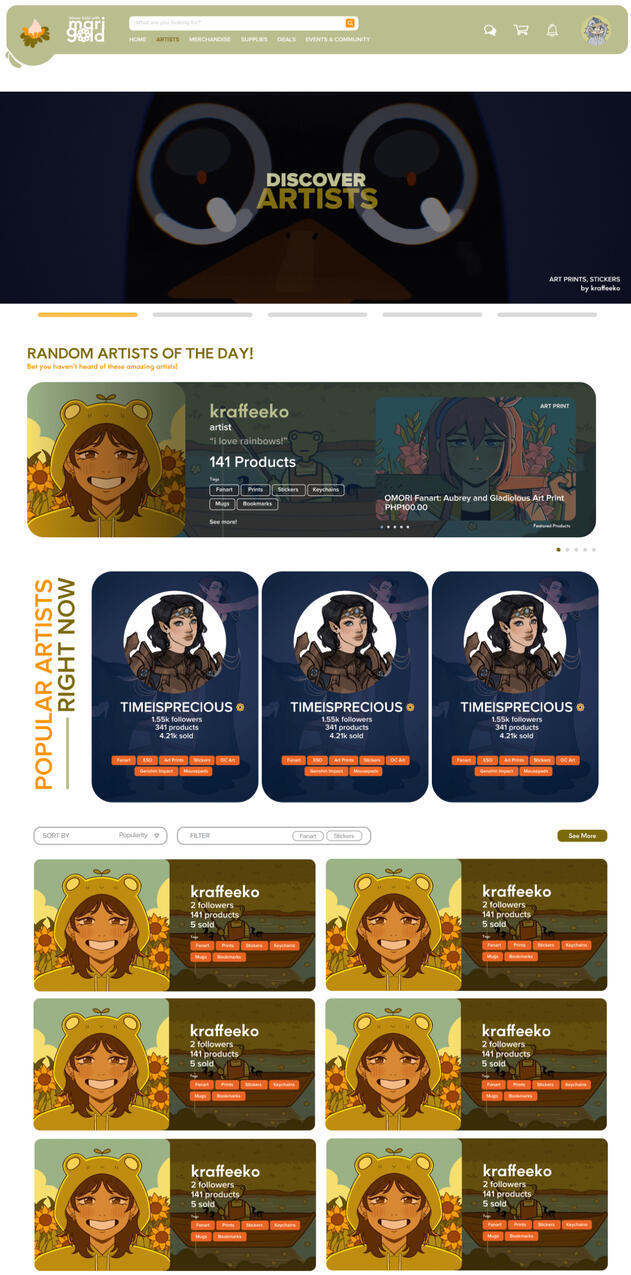 Marigold | made the UI design for the Artists page segment of Marigold, which showcases the artists of Marigold and lets users discover artists; made with Figma