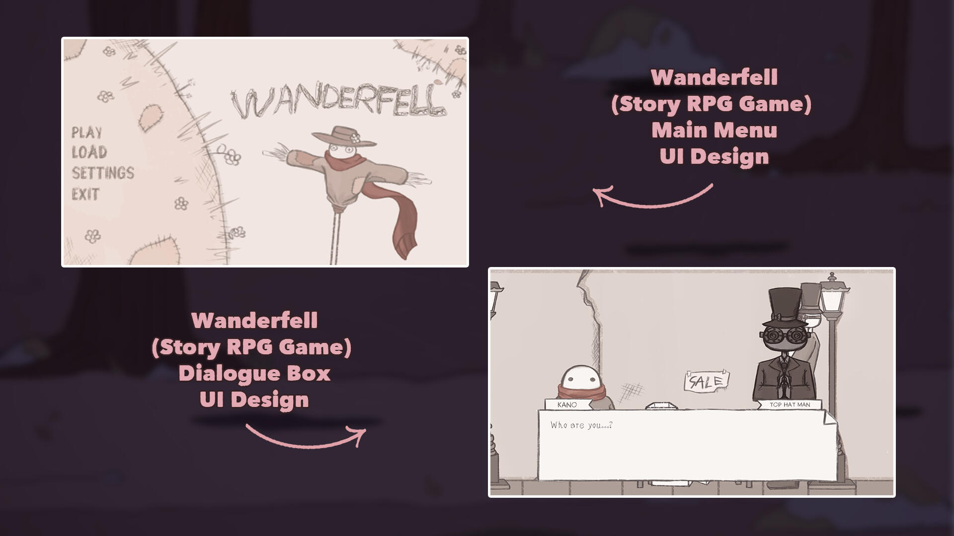 Wanderfell | for a school project, I made the Main Menu UI design, dialogue look, assets, and background for our game called Wanderfell; made with Adobe Photoshop