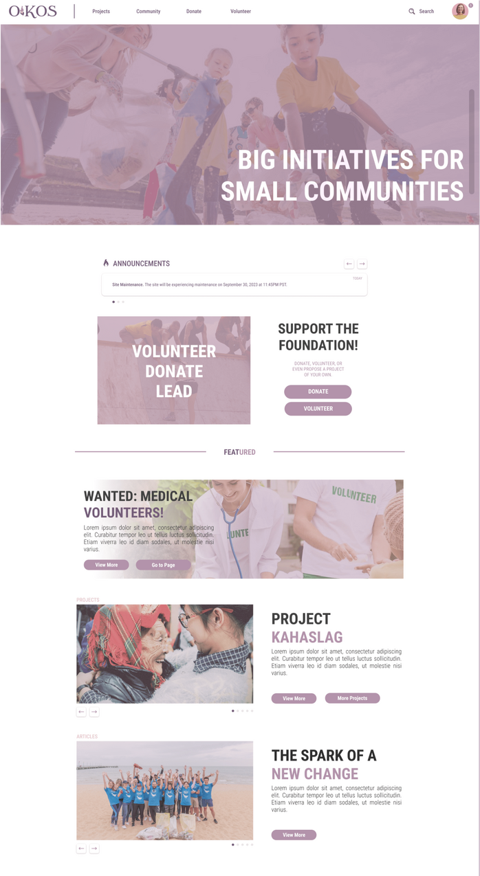 Oikos | created the Main Page UI Design for Oikos, where featured sections are presented for the users to see; made with Figma