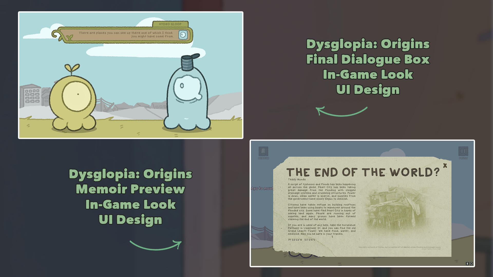Dysglopia Origins | created the dialogue and memoir (lore dump) look &amp; design for the players to read for our capstone project, an Interactive Animation focused on the origins of Dysglopia; made with Clip Studio Paint Ex