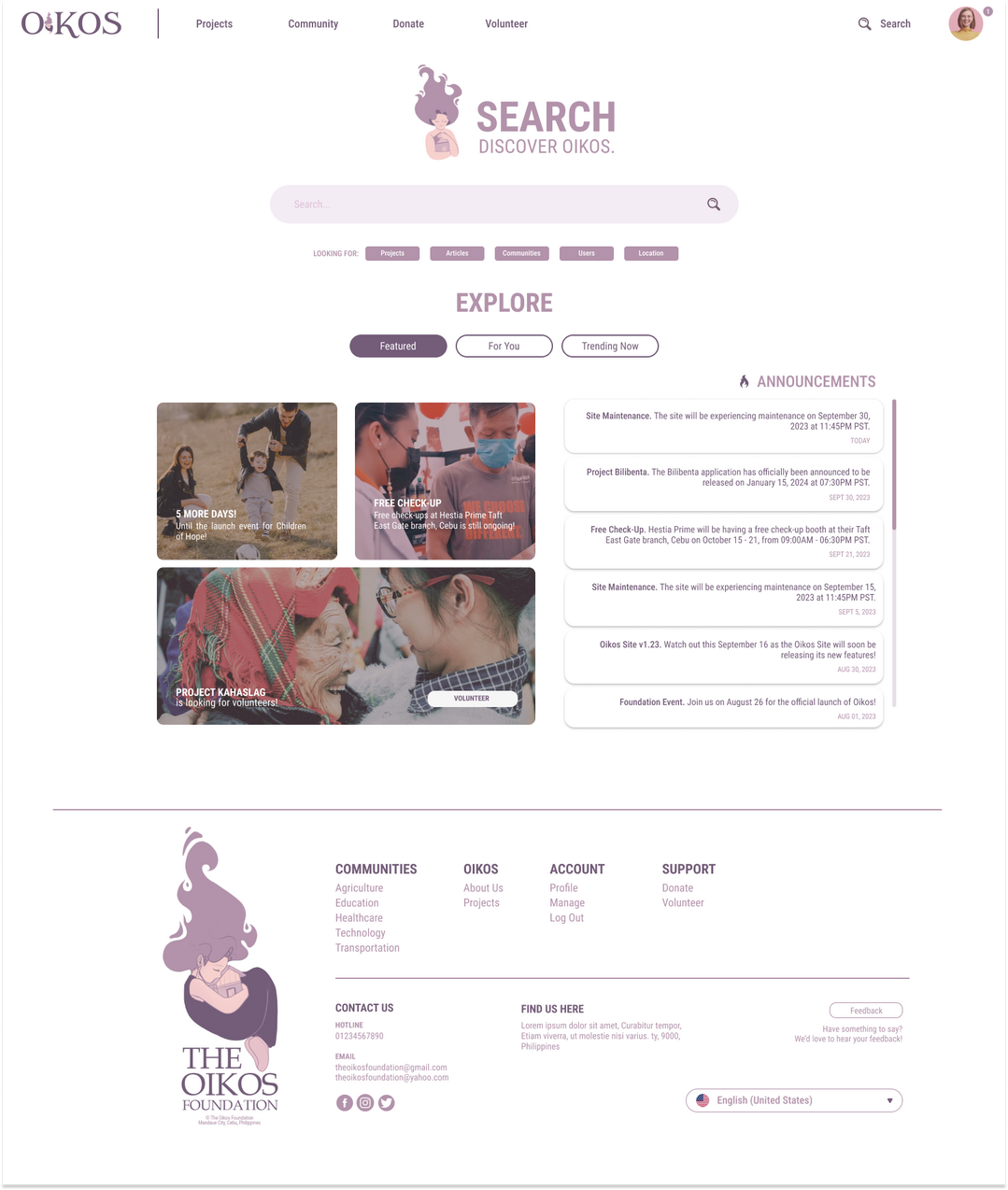 Oikos | designed the UI for the Main Search Page, where users can search for specific terms, or browse through the mini Explore area for users to skim through; made with Figma
