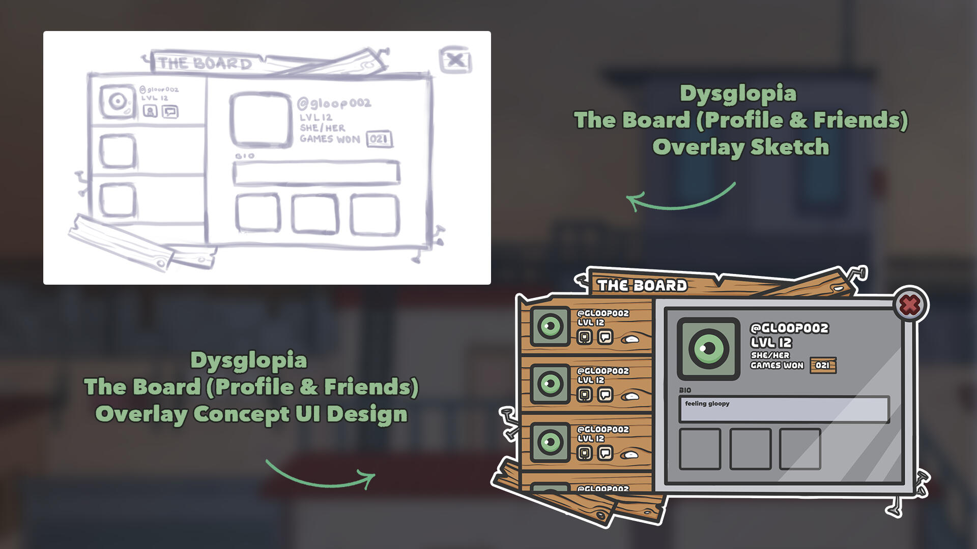 Dysglopia | the sketch and UI Design concept for an overlay meant to show a player's profile and their list of friends; made with Clip Studio Paint Ex